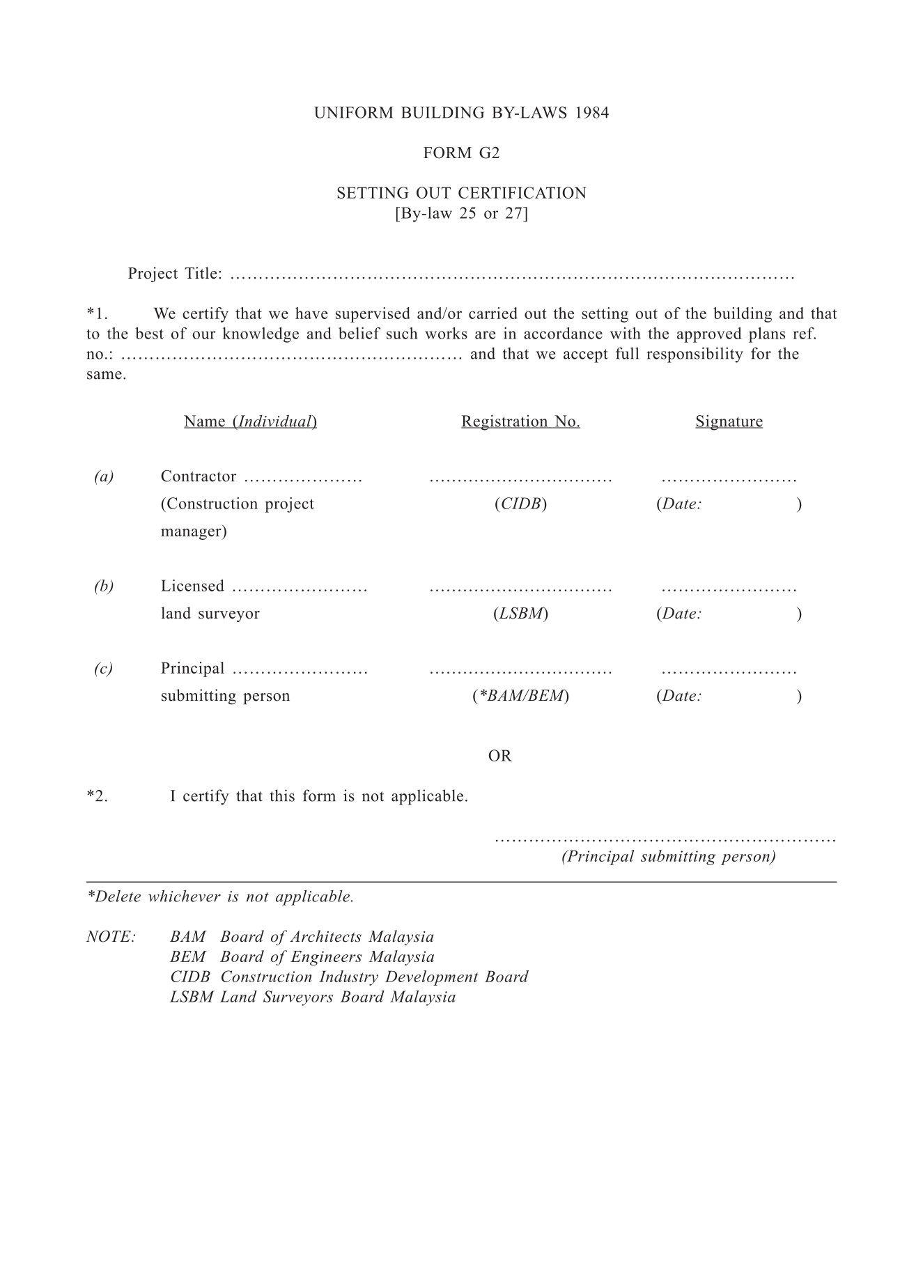 Form G2 SETTING OUT CERTIFICATION